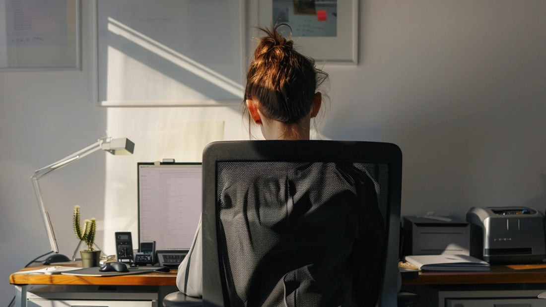 Woman working at a desk in a home office, back view.