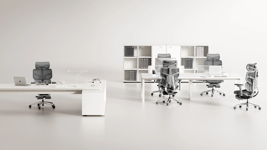 A modern office setup featuring multiple Hinomi X1 ergonomic chairs arranged around sleek white desks, designed for comfort and productivity.