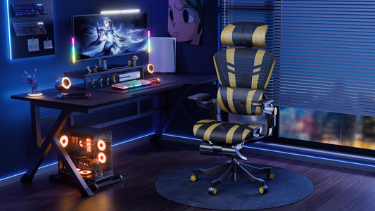 Gaming setup with Hinomi ergonomic chair in yellow and black, custom RGB-lit PC, and large monitor