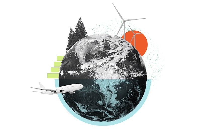 Abstract illustration of Earth featuring elements of sustainability, including wind turbines, trees, an airplane, and carbon reduction visuals.