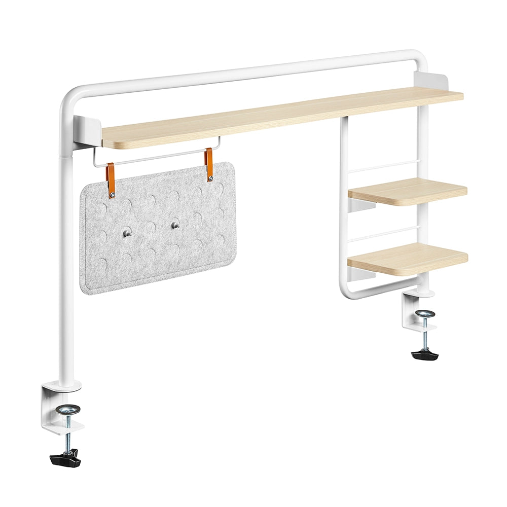 Adjustable desk shelf with a wooden top, side shelves, and a felt organizer, designed to optimize workspace storage.